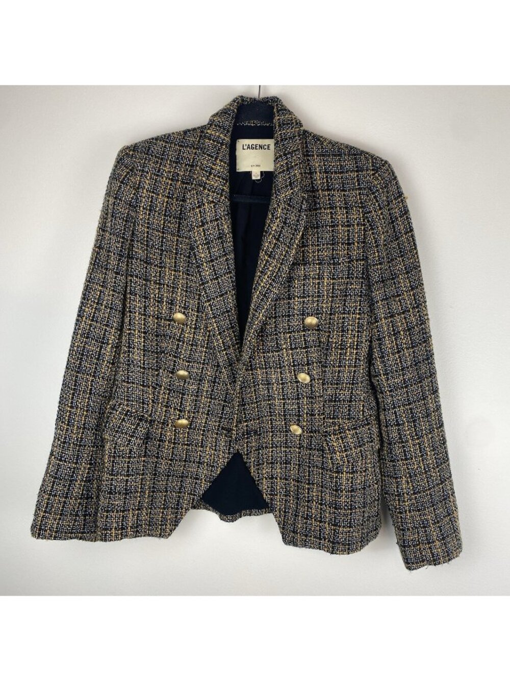 L'Agence Women's Kenzie Tweed Double Breasted Blazer Size 4 Yellow Black